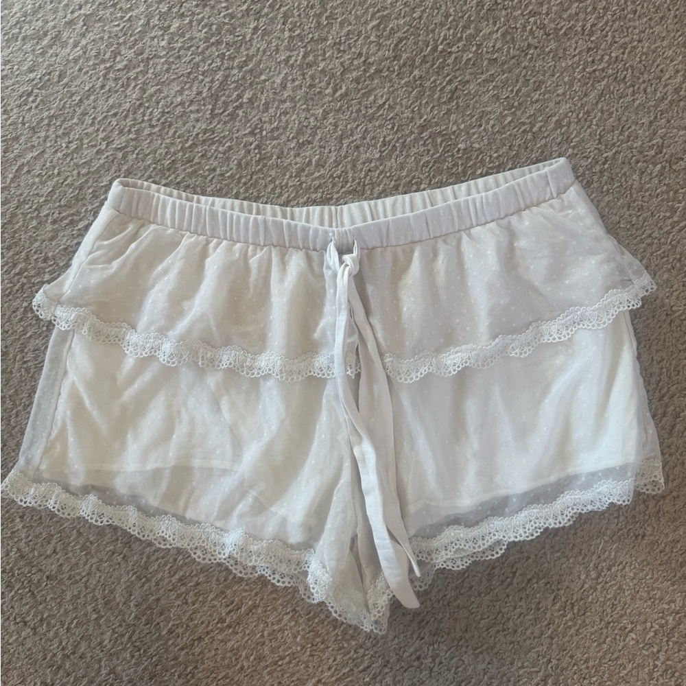 aerie White Pajama Shorts with Lace Trim and Elastic Waistband